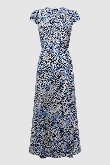 Reiss Blue Livia Petite Printed Cut Out Back Midi Dress