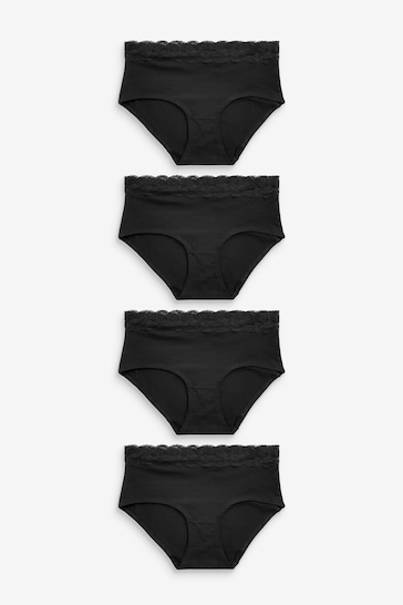 Black Midi Cotton and Lace Knickers 4 Pack