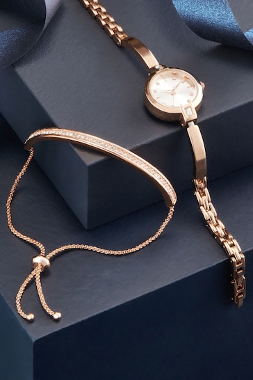 Rose Gold Tone Sparkle Dial Watch And Bangle Set