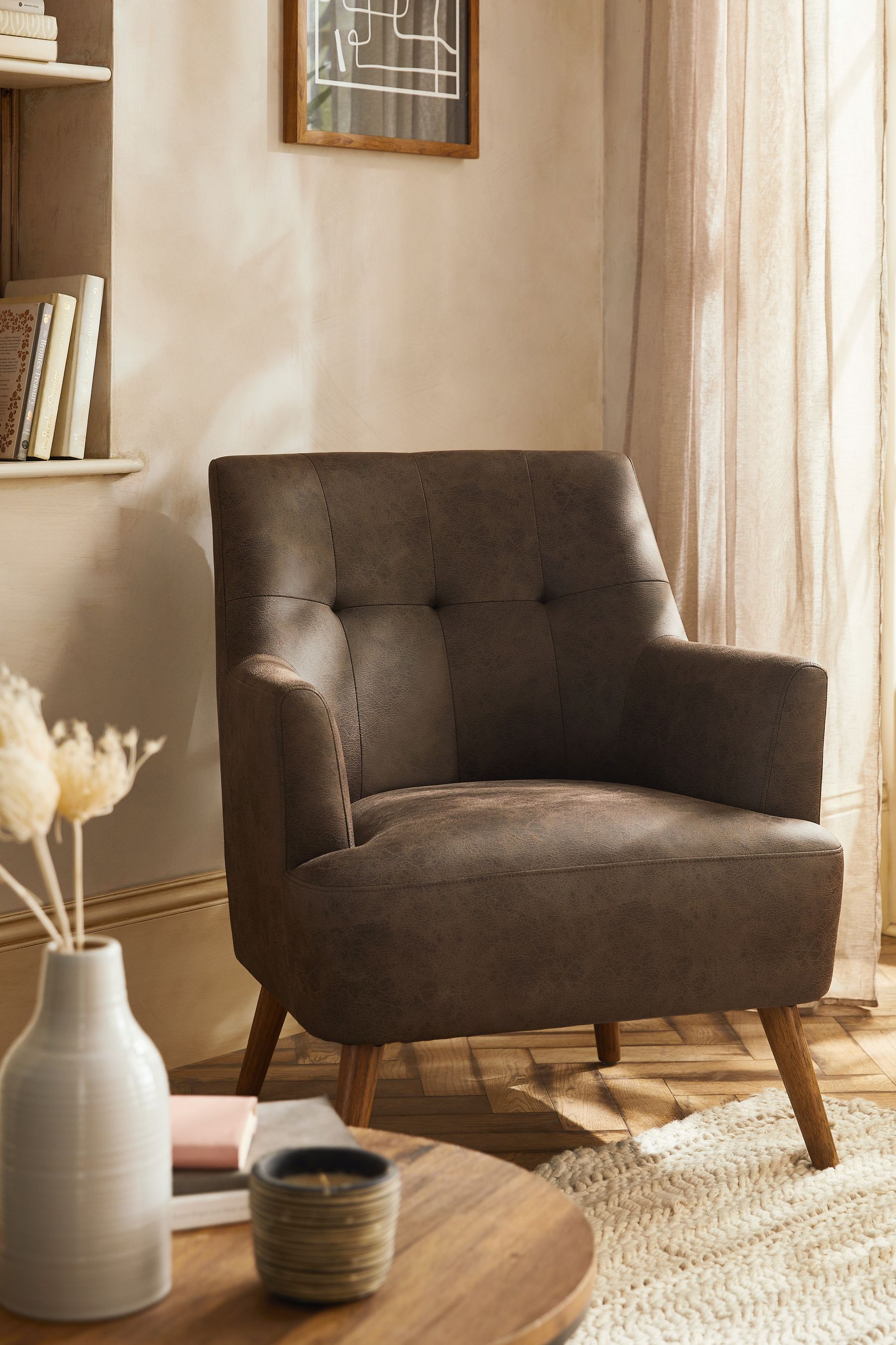 Faux leather top tan armchair