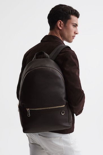 Reiss Dark Brown Drew Leather Zipped Backpack