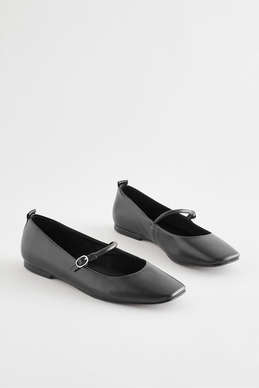 Black Signature Leather Mary Jane Flat Shoes
