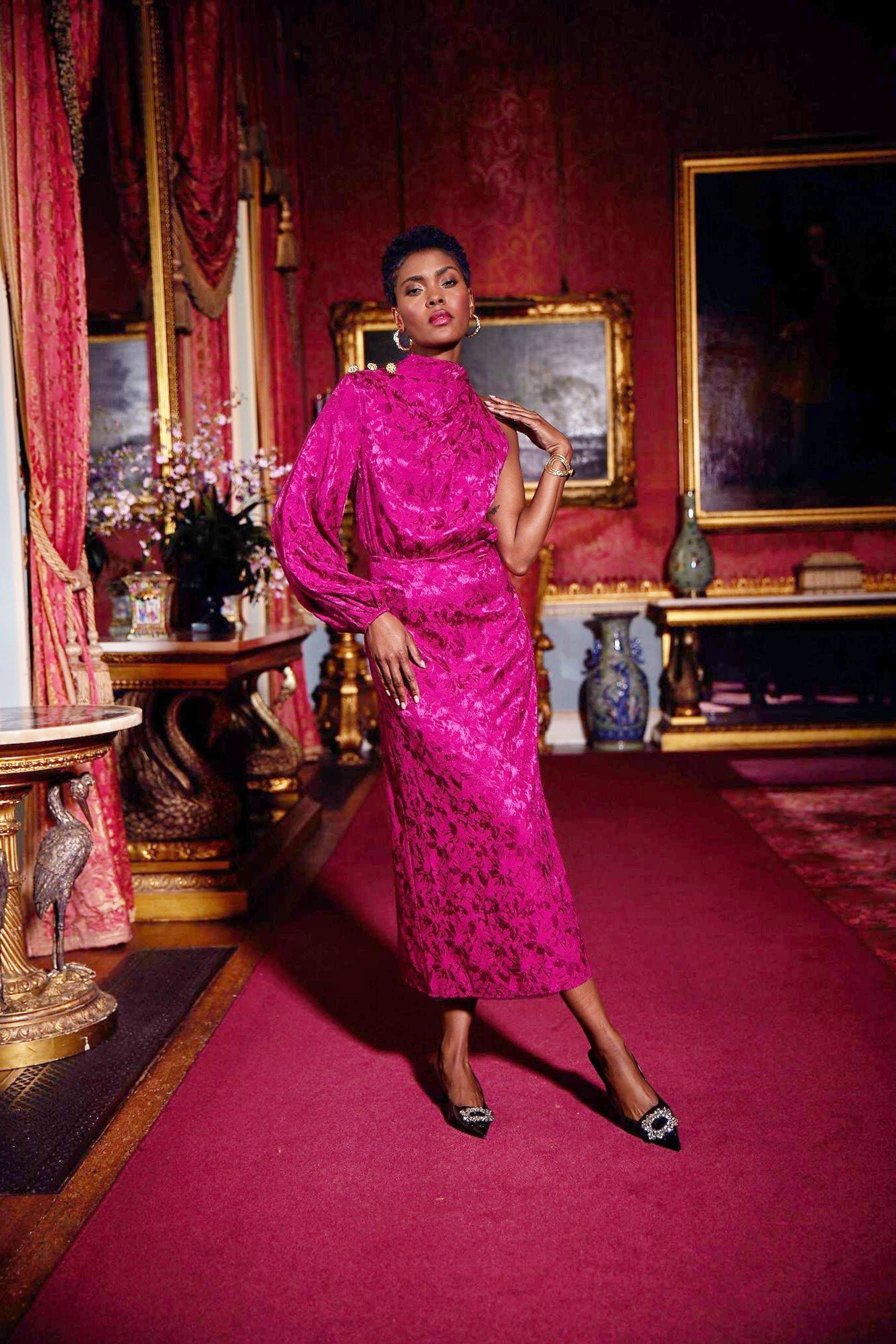 Warehouse jacquard midi new arrivals dress in blush red
