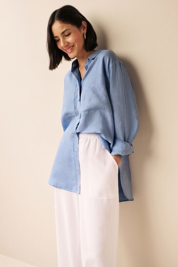 Blue 100% Linen Long Sleeve Curved Hem Shirt