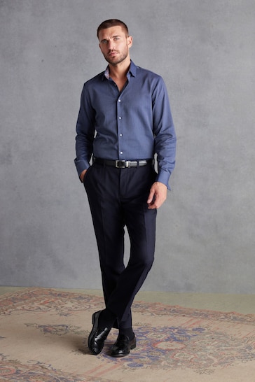 Navy Blue Slim Fit Double Cuff Signature Textured Trimmed Formal Shirt