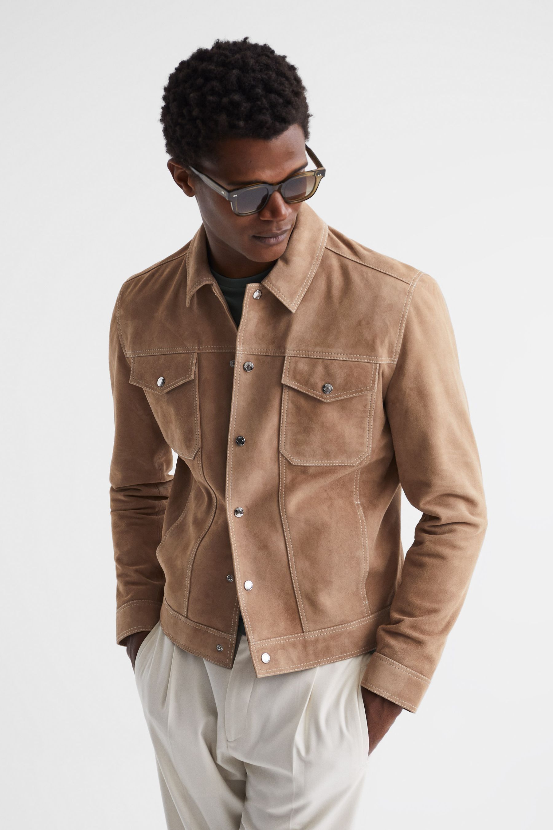 Reiss Sand Noa Suede Button Through Trucker Jacket