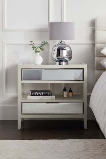 Stone Cora Mirror 2 Drawer Wide Bedside Table