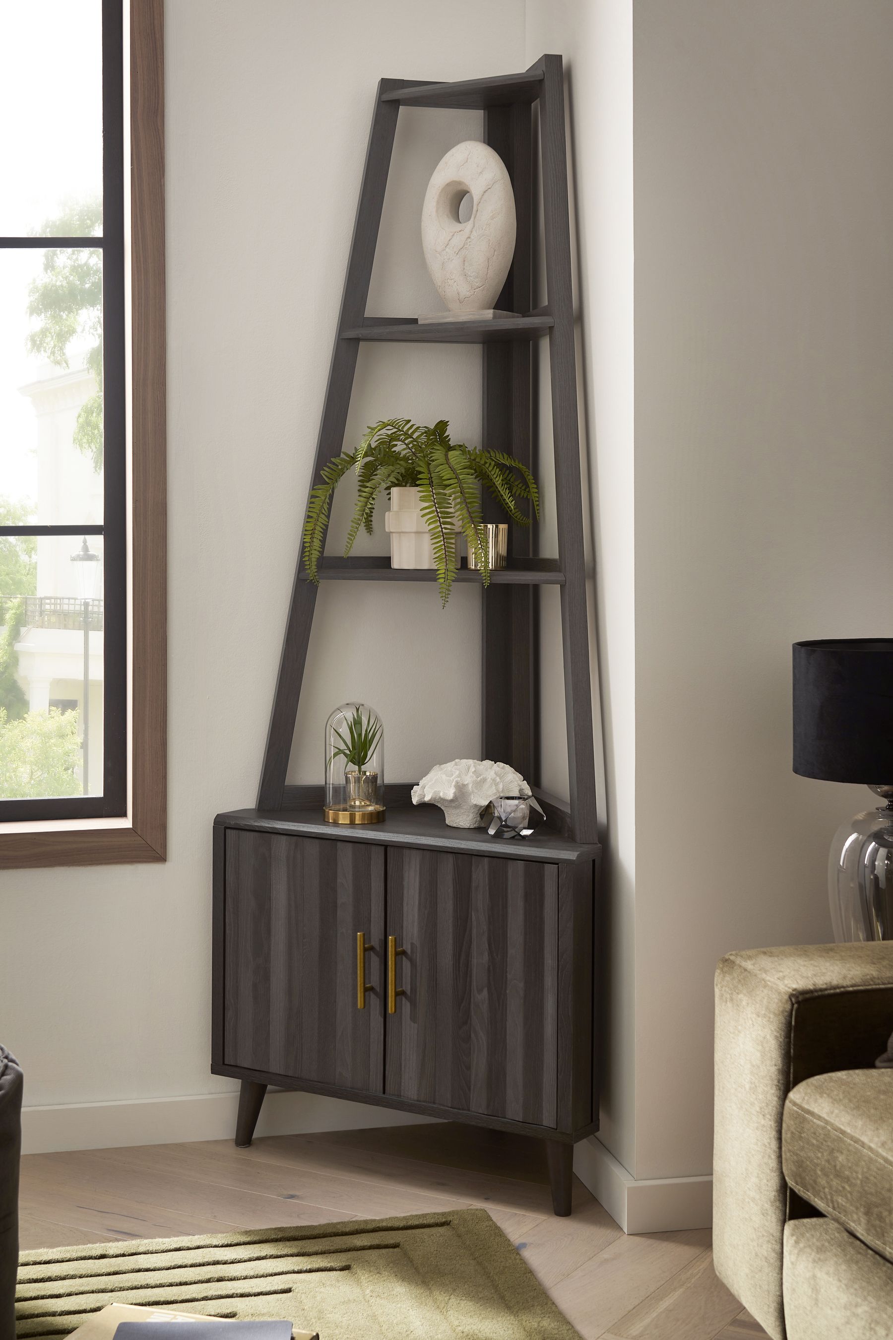 Grey corner shop storage unit