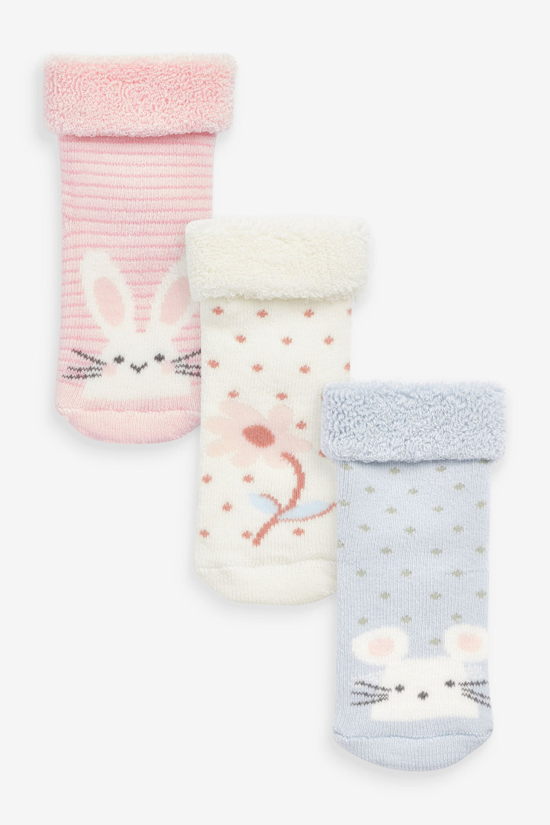 Pink Blue Bunny Toweling Baby Socks 3 Pack 0mths 2yrs