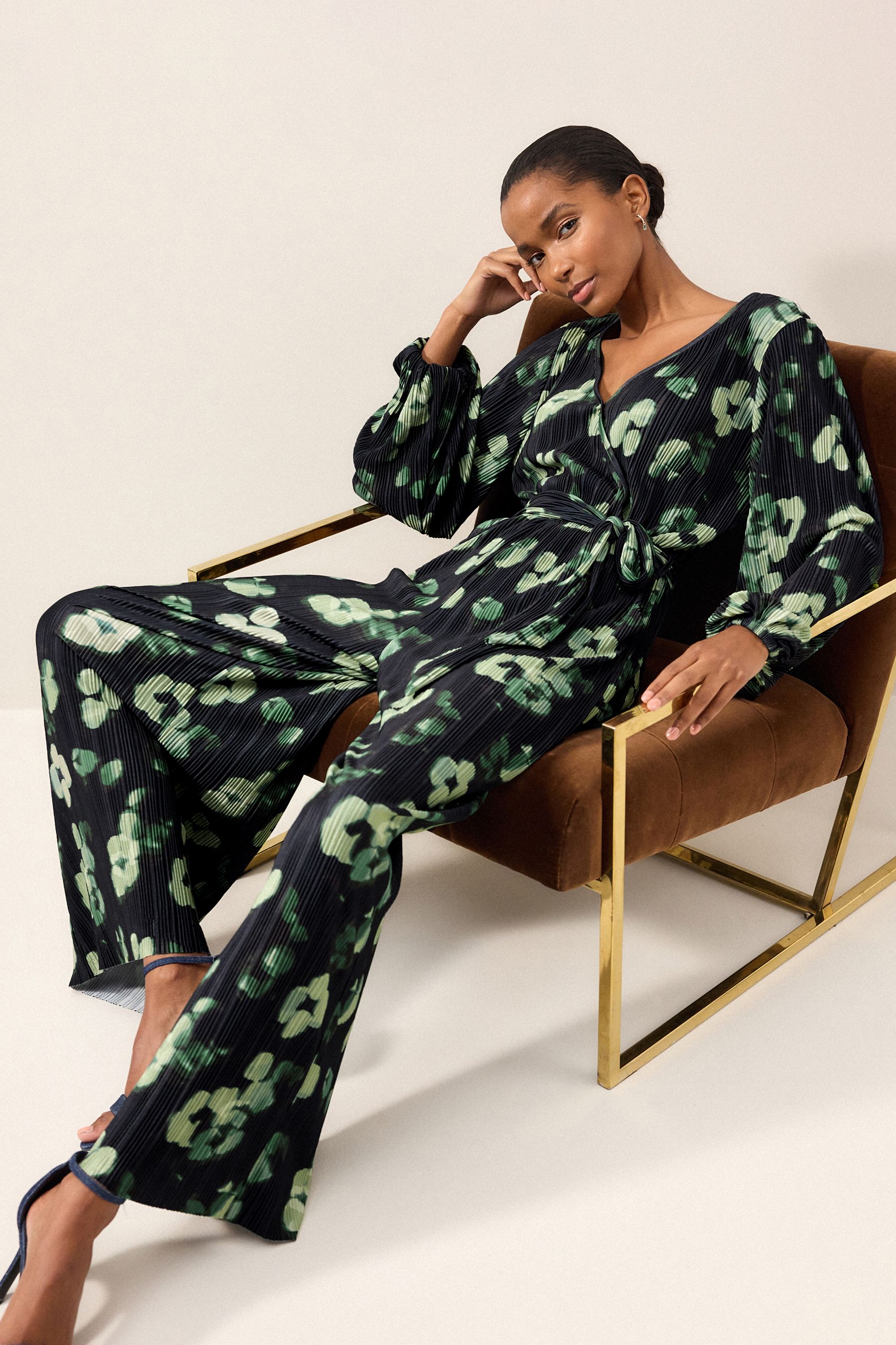 Blue Green Long Sleeve Pliss Jumpsuit