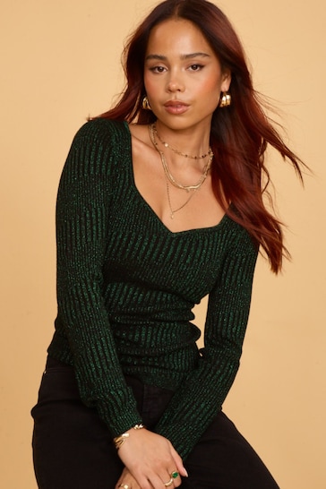Another Sunday Knitted Metallic Long Sleeved Top With Sweetheart Neckline In Green