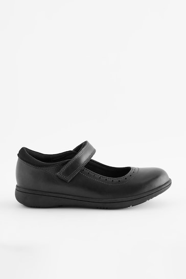 Matt Black Narrow Fit (E) School Leather Brogue Detail Mary Jane Shoes