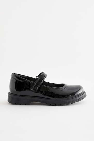 Black Patent Wide Fit (G) School Leather Chunky Mary Jane Shoes