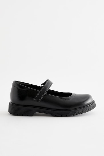 Matt Black Wide Fit (G) School Leather Chunky Mary Jane Shoes