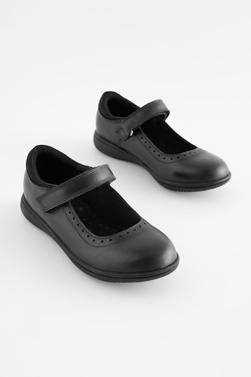 Matt Black Wide Fit (G) School Leather Brogue Detail Mary Jane Shoes