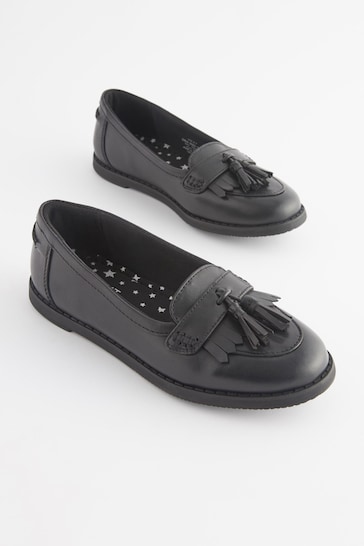Matt Black Standard Fit (F) School Leather Tassel Loafers
