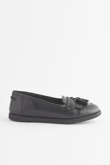 Matt Black Standard Fit (F) School Leather Tassel Loafers
