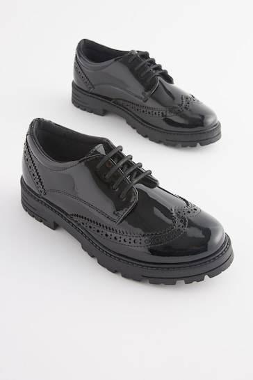 Black Patent Wide Fit (G) School Leather Chunky Lace-Up Brogues