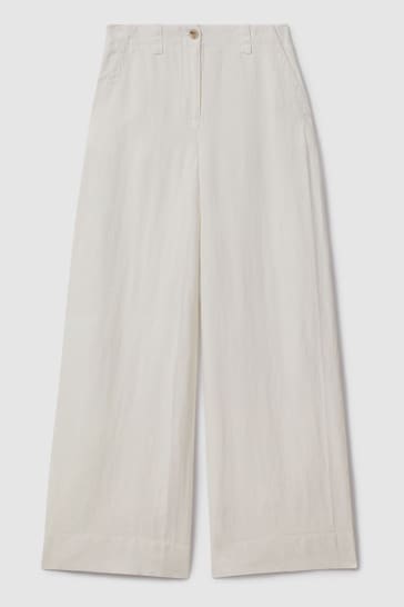 Reiss White Demi Petite Linen Wide Leg Garment Dyed Trousers