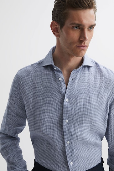 Reiss Blue/White Ruban Linen Button-Through Shirt