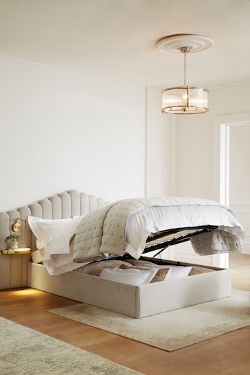Soft Texture Light Natural Adele Upholstered Hotel Bed Frame with Ottoman Storage, Bedside Tables and Lights'
