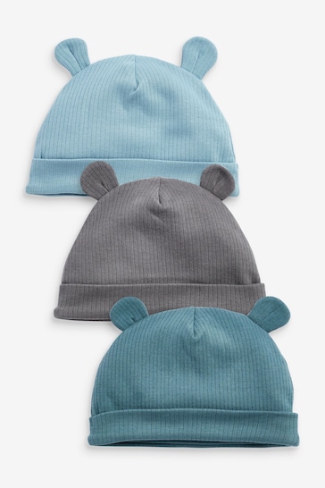 Blue 3 Pack Baby Bear Ear Beanie Hats (0-18mths)