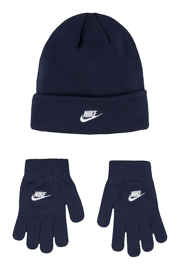 Nike Navy Club Older Kids Knitted Beanie Hat and Gloves Set