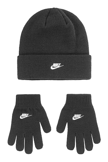 Nike Black Club Older Kids Knitted Beanie Hat and Gloves Set