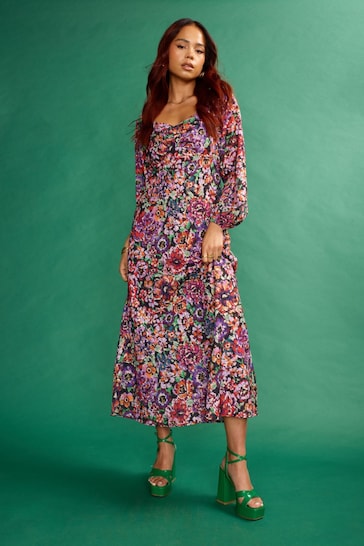 Another Sunday Milkmaid Midi Dress In A Floral Pink Print