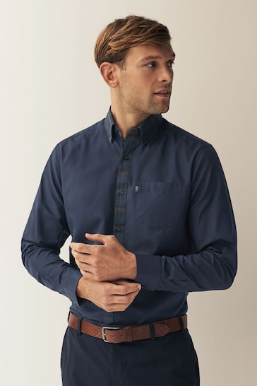 Navy Blue/Green Check Collar Regular Fit Easy Iron Button Down Oxford Shirt
