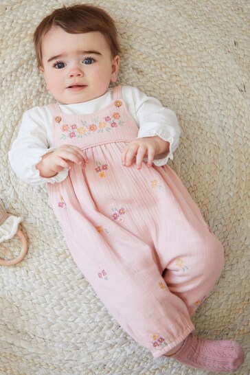 Pale Pink Baby Woven Dungarees and Bodysuit Set (0mths-2yrs)