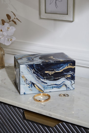 Navy Marble Effect Glass Jewellery Box