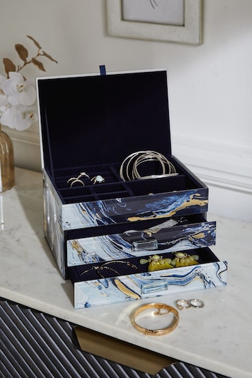 Navy Marble Effect Glass Jewellery Box