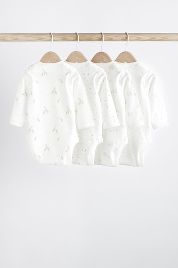 Delicate White Animal 4 Pack Baby Printed Long Sleeve Bodysuits