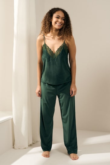 Truly Green Emerald Velour Cami And Trouser Set