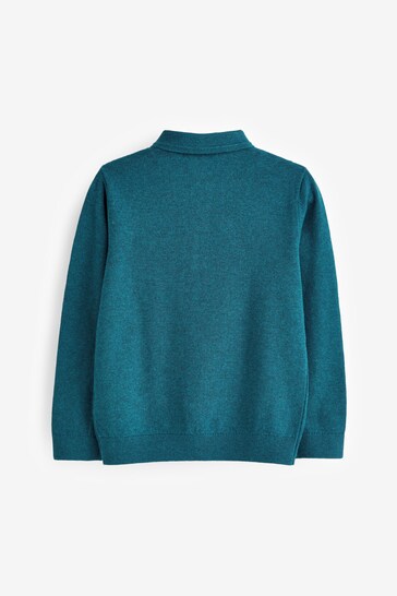 Teal Blue Long Sleeve Knitted Textured Polo Shirt (3-16yrs)