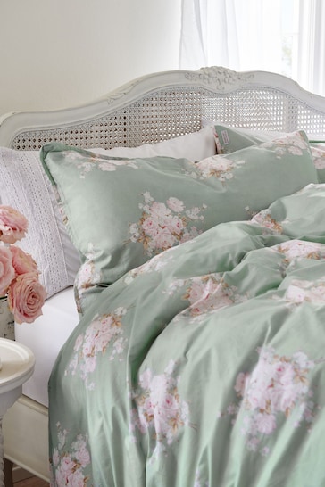 Shabby Chic by Rachel Ashwell® Bella Rose Green Flat Piped Duvet Cover and Pillowcase Set