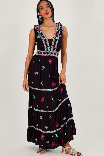 Monsoon Wide Strap Motif Embroidered Maxi Cami Dress