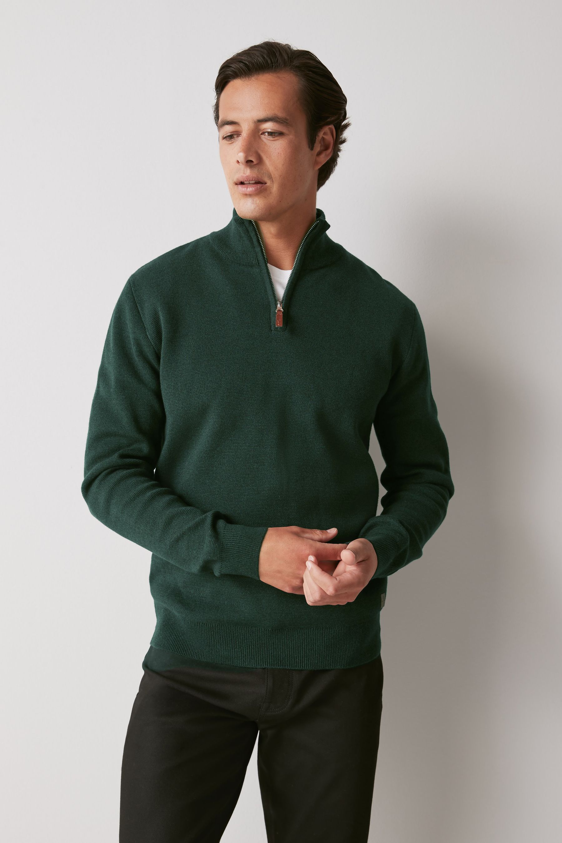 Buy Dark Green Plain Regular Fit 100 Cotton Premium Quarter Zip Jumper from the Next UK online shop