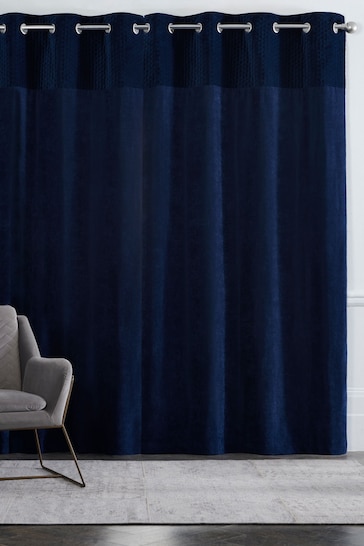 Navy Blue Velvet Quilted Hamilton Lined Eyelet Curtains