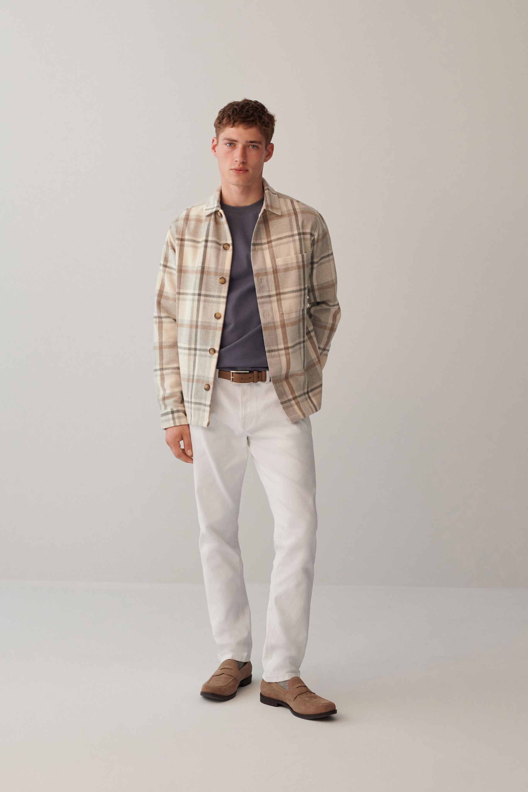 Neutral Check Shacket With Wool