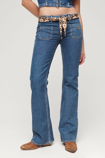 Superdry Blue Cotton Vintage Low Rise Slim Flare Jeans