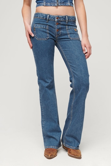 Superdry Blue Cotton Vintage Low Rise Slim Flare Jeans