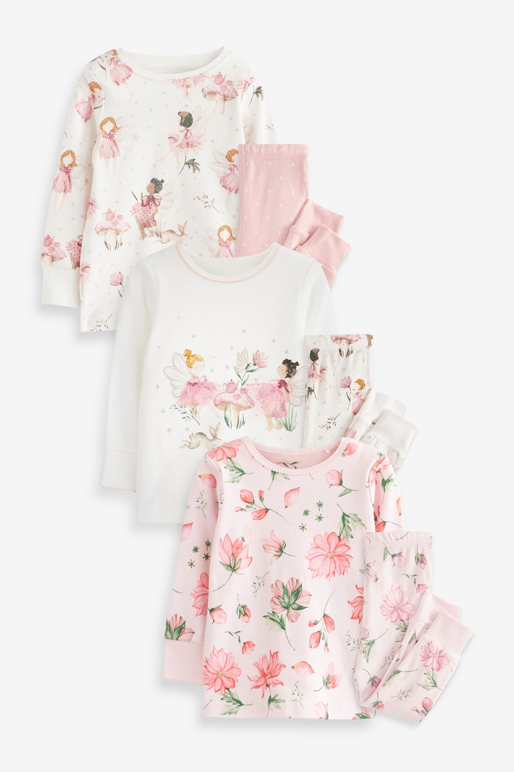 Pink Ecru White Fairy 3 Pack Long Sleeve Printed Pyjamas 9mths 12yrs
