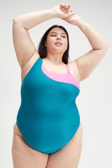 Speedo Womens Green/Purple Solid Asymmetric Plus Size Swimsuit