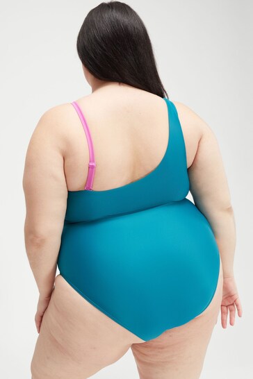Speedo Womens Green/Purple Solid Asymmetric Plus Size Swimsuit