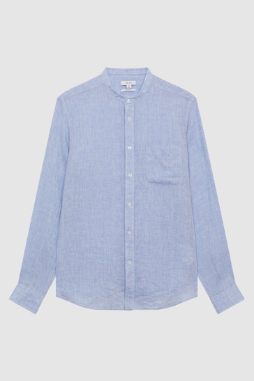 Reiss Soft Blue Ocean Linen Grandad Collar Shirt