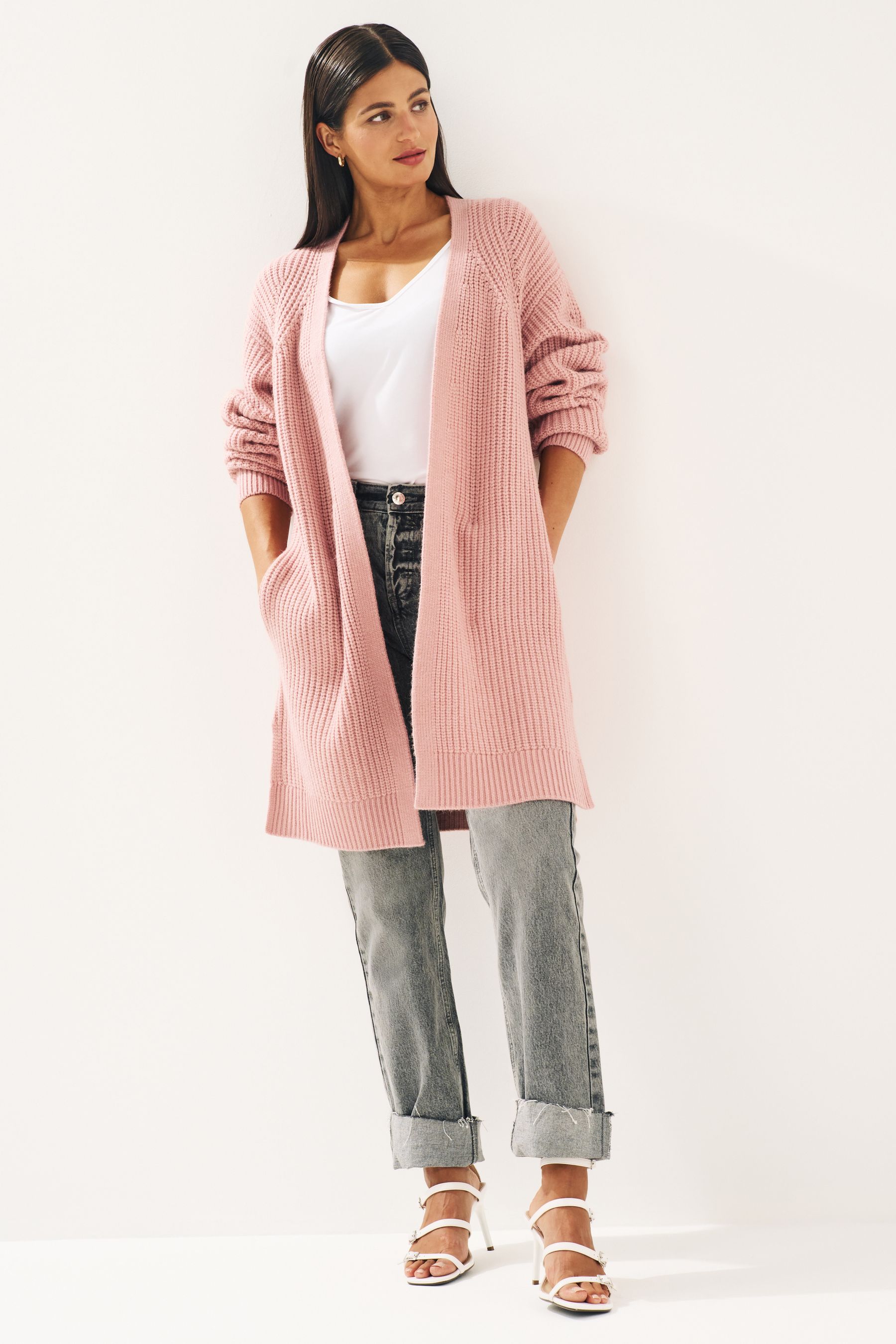 Buy Blush Pink Longline Ribbed Edge to Edge Cardigan from the Next