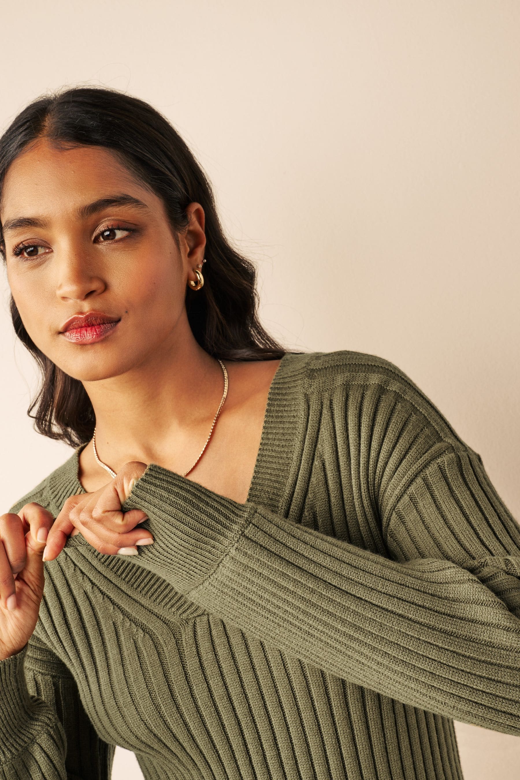 Buy Khaki Green Ribbed V Neck Jumper from the Next UK online shop