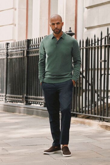 Green Regular Knitted Long Sleeve Polo Shirt
